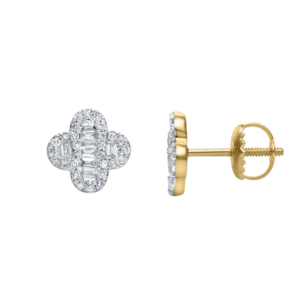 LuvMyJewelry Alina Baguette & Round-Cut Diamond Clover Stud Earrings in 14K Yellow Gold