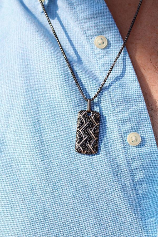 LuvMyJewelry American Muscle Black Rhodium Plated Sterling Silver Tire Tread Black Diamond Tag