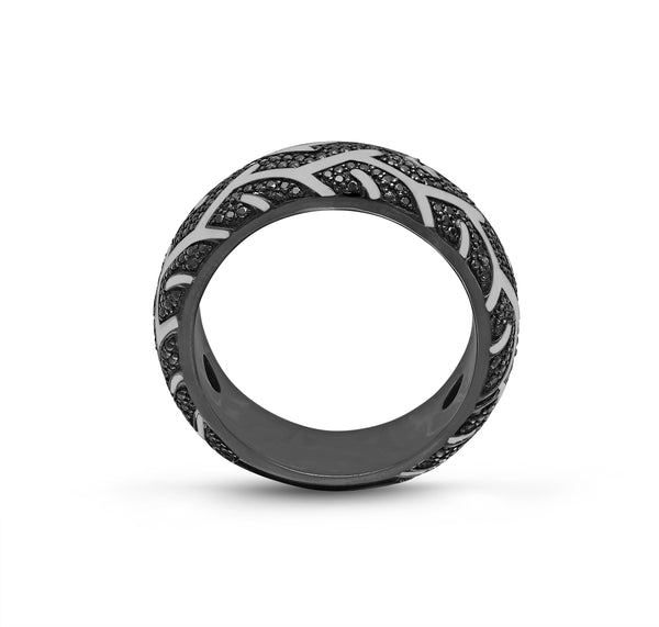 LuvMyJewelry American Muscle Black Rhodium Plated Sterling Silver Tire Tread Black Diamond Band Ring