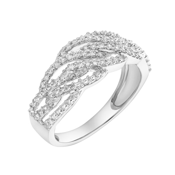 LuvMyJewelry Amika 14K White Gold Round Diamond Studded Woven Band Ring - 0.2cts