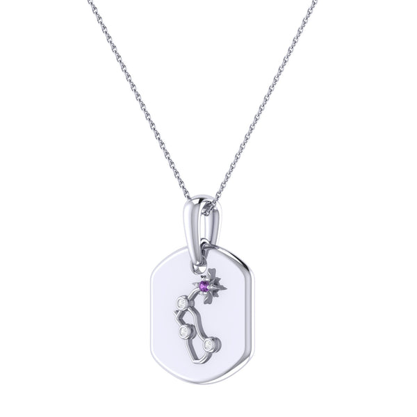 LuvMyJewelry Aquarius Water-Bearer Amethyst & Diamond Constellation Tag Pendant Necklace In 14K White Gold