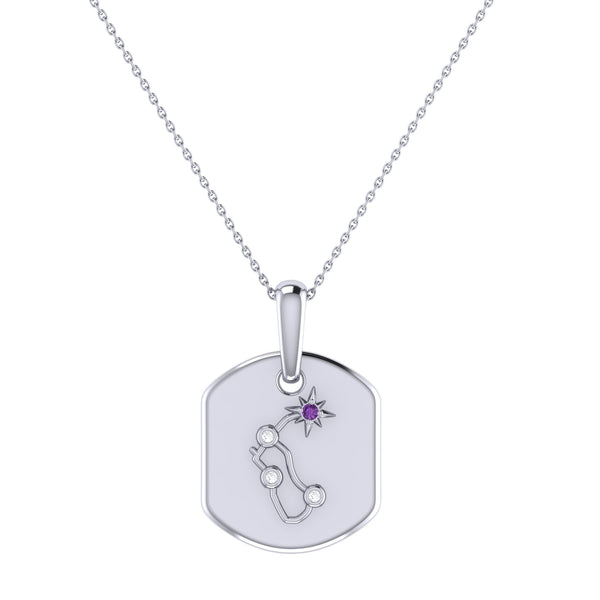 LuvMyJewelry Aquarius Water-Bearer Amethyst & Diamond Constellation Tag Pendant Necklace in 14K White Gold