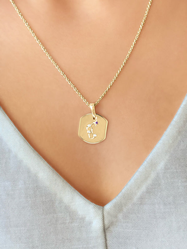 LuvMyJewelry Aquarius Water-Bearer Amethyst & Diamond Constellation Tag Pendant Necklace In 14K Yellow Gold Vermeil On Sterling Silver