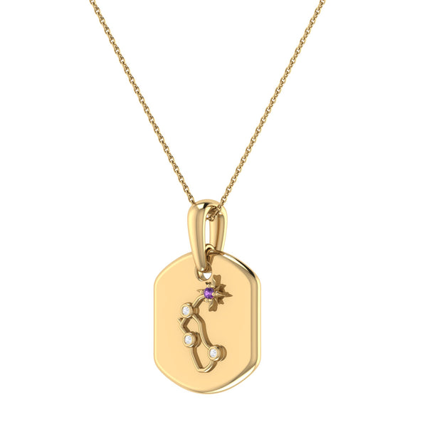 LuvMyJewelry Aquarius Water-Bearer Amethyst & Diamond Constellation Tag Pendant Necklace In 14K Yellow Gold Vermeil On Sterling Silver
