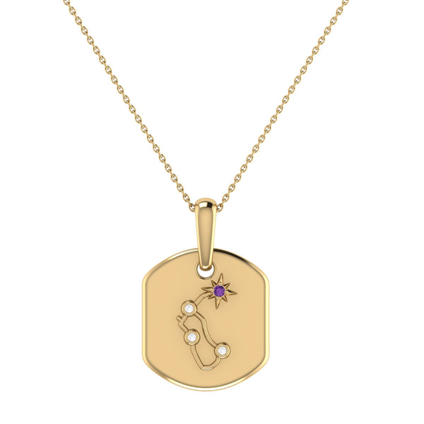 LuvMyJewelry Aquarius Water-Bearer Amethyst & Diamond Constellation Tag Pendant Necklace in 14K Yellow Gold Vermeil on Sterling Silver