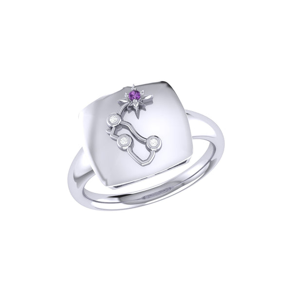 LuvMyJewelry Aquarius Water-Bearer Amethyst & Diamond Constellation Signet Ring in Sterling Silver