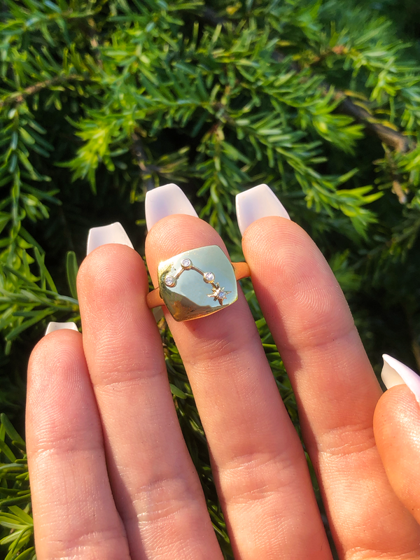 LuvMyJewelry Aries Ram Diamond Constellation Signet Ring In 14K Yellow Gold Vermeil On Sterling Silver