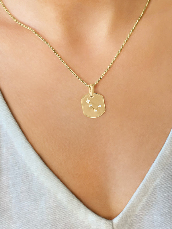 LuvMyJewelry Aries Ram Diamond Constellation Tag Pendant Necklace In 14K Yellow Gold