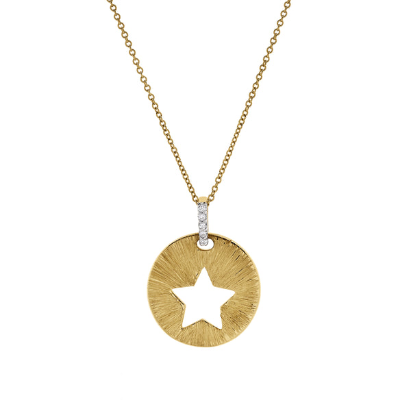 LuvMyJewelry Astrid Star Diamond Studded Round Disc Pendant in 14K Yellow Gold
