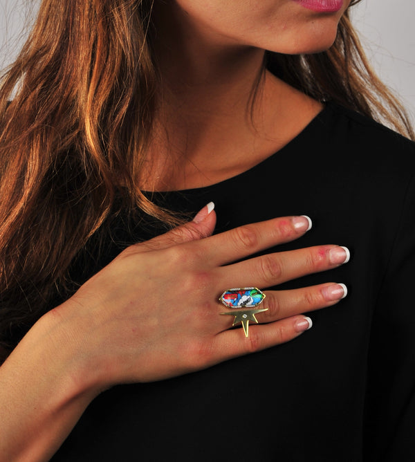 LuvMyJewelry Bang Bang Half Star Diamond Mosaic Open Ring In 14K Yellow Gold Plated Sterling Silver