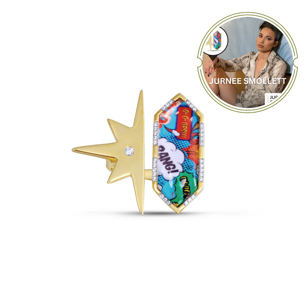 LuvMyJewelry Bang Bang Half Star Diamond Mosaic Open Ring in 14K Yellow Gold Plated Sterling Silver