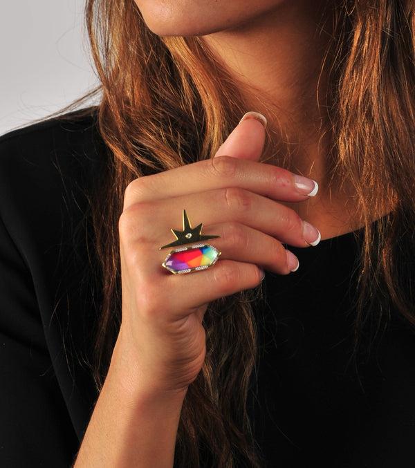 LuvMyJewelry BangPop Half Star Diamond Mosaic Open Ring In 14K Yellow Gold Plated Sterling Silver