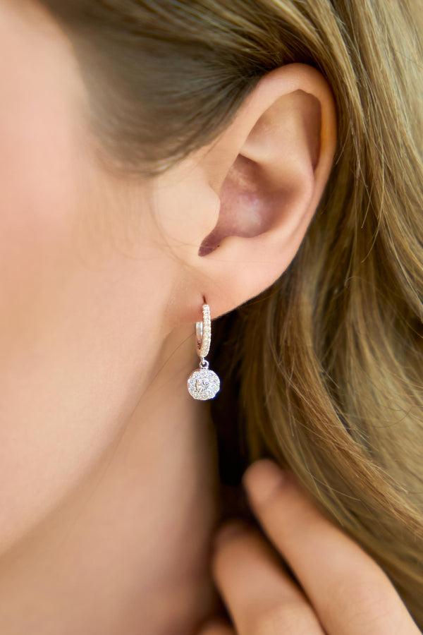 LuvMyJewelry Belinda Pave Round Diamond Drop Huggie Hoop Earrings In 14K White Gold