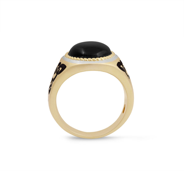 LuvMyJewelry Black Onyx Stone Signet Ring In 14K Yellow Gold Plated Sterling Silver With Enamel