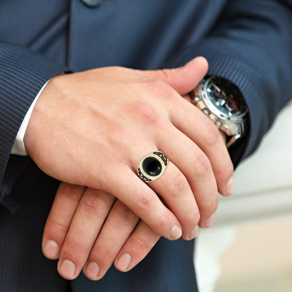 LuvMyJewelry Black Onyx Stone Signet Ring In 14K Yellow Gold Plated Sterling Silver With Enamel