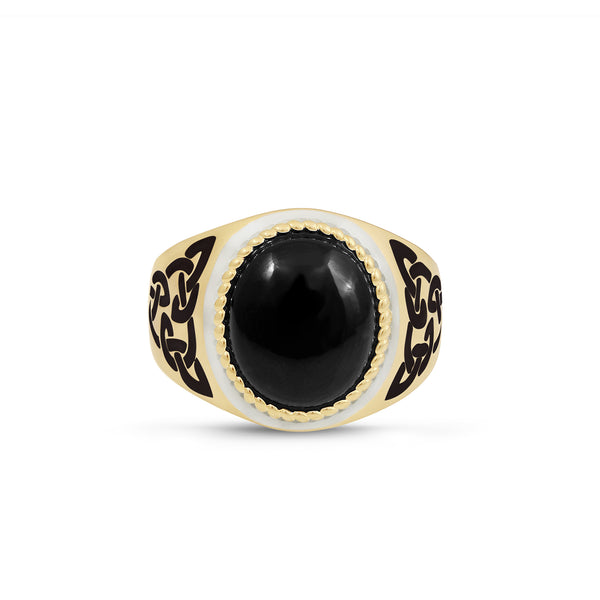 LuvMyJewelry Black Onyx Stone Signet Ring in 14K Yellow Gold Plated Sterling Silver with Enamel