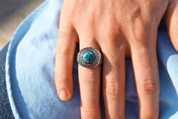 LuvMyJewelry Blue Apatite Stone Signet Ring In Black Rhodium Plated Sterling Silver
