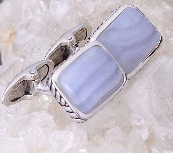LuvMyJewelry Blue Lace Agate Stone Cufflinks In Black Rhodium Plated Sterling Silver