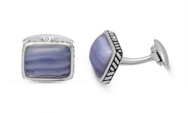 LuvMyJewelry Blue Lace Agate Stone Cufflinks In Black Rhodium Plated Sterling Silver