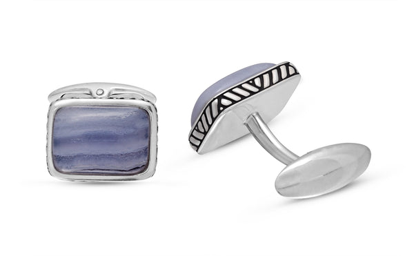 LuvMyJewelry Blue Lace Agate Stone Cufflinks In Black Rhodium Plated Sterling Silver