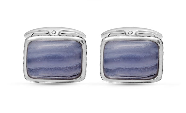 LuvMyJewelry Blue Lace Agate Stone Cufflinks in Black Rhodium Plated Sterling Silver