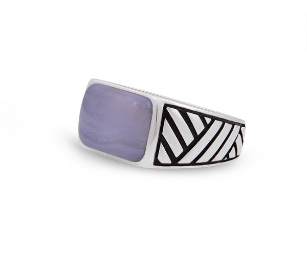LuvMyJewelry Blue Lace Agate Stone Signet Ring In Black Rhodium Plated Sterling Silver