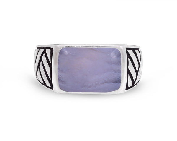 LuvMyJewelry Blue Lace Agate Stone Signet Ring in Black Rhodium Plated Sterling Silver