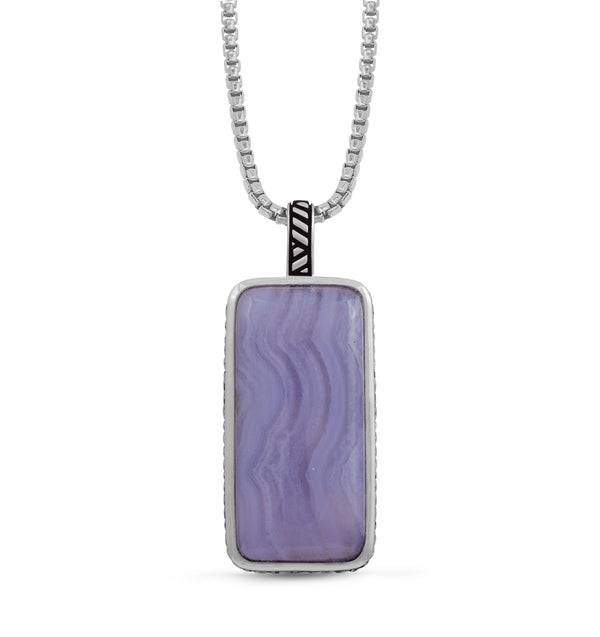 LuvMyJewelry Blue Lace Agate Stone Tag in Black Rhodium Plated Sterling Silver
