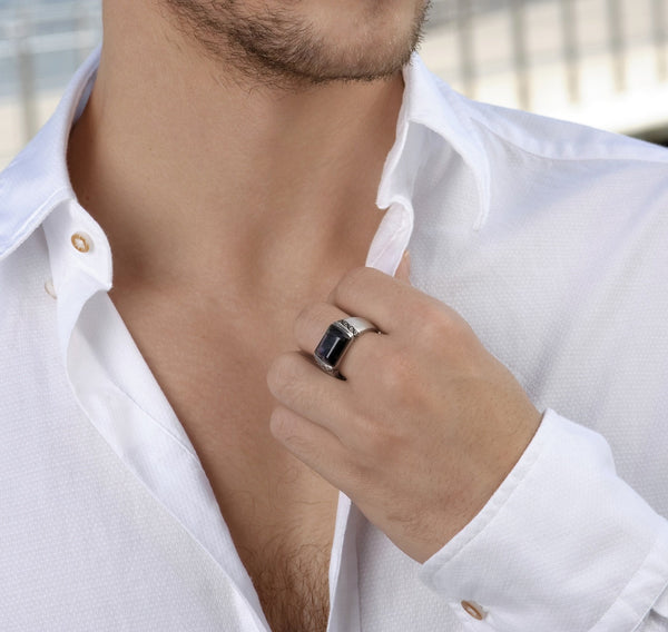 LuvMyJewelry Blue Pietersite Celtic Stone Signet Ring In Sterling Silver With Enamel