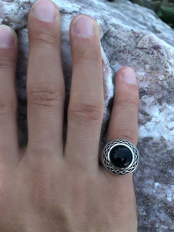 LuvMyJewelry Blue Sand Stone Flat Back Cabochon Signet Ring In Black Rhodium Plated Sterling Silver