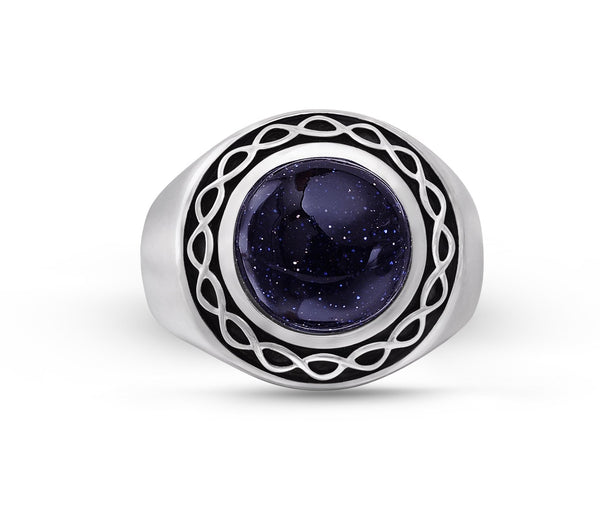 LuvMyJewelry Blue Sand Stone Flat Back Cabochon Signet Ring in Black Rhodium Plated Sterling Silver