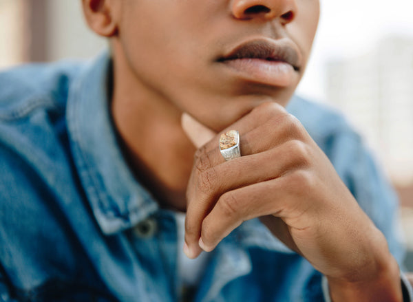 LuvMyJewelry Brown Picasso Jasper Stone Signet Ring In 14K Yellow Gold Plated Sterling Silver