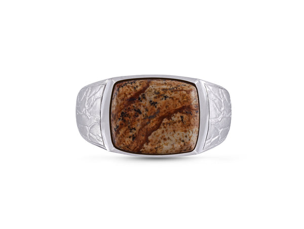 LuvMyJewelry Brown Picasso Jasper Stone Signet Ring in 14K Yellow Gold Plated Sterling Silver