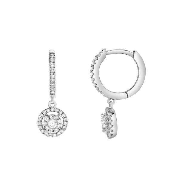 LuvMyJewelry Camellia Pave Round Diamond Drop Huggie Hoop Earrings In 14K White Gold
