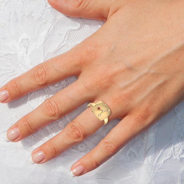 LuvMyJewelry Cancer Crab Ruby & Diamond Constellation Signet Ring In 14K Yellow Gold Vermeil On Sterling Silver