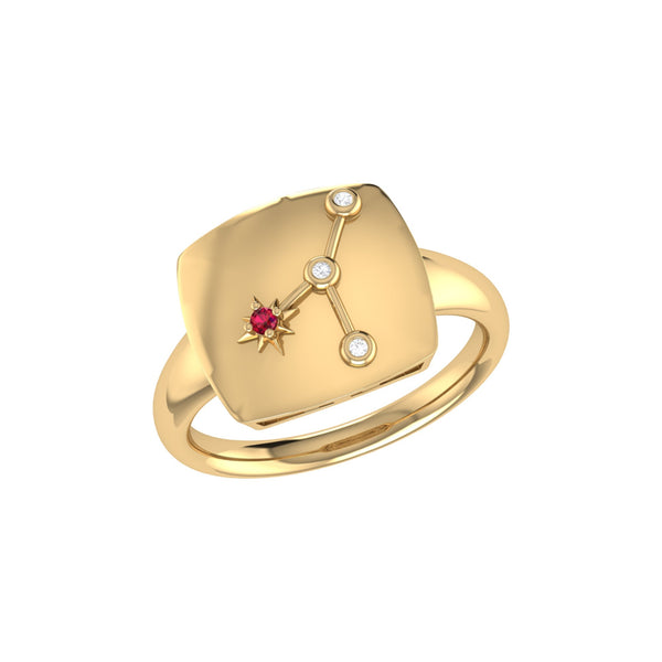 LuvMyJewelry Cancer Crab Ruby & Diamond Constellation Signet Ring in 14K Yellow Gold