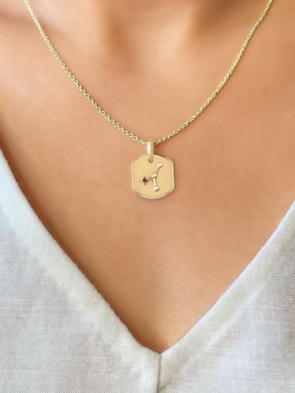 LuvMyJewelry Cancer Crab Ruby & Diamond Constellation Tag Pendant Necklace In 14K Yellow Gold