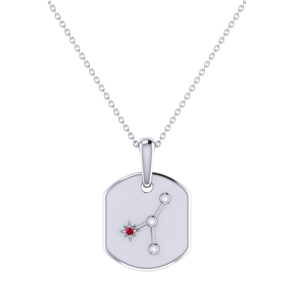 LuvMyJewelry Cancer Crab Ruby & Diamond Constellation Tag Pendant Necklace in Sterling Silver