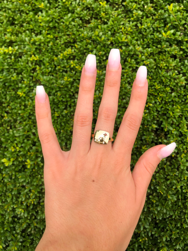 LuvMyJewelry Capricorn Goat Garnet & Diamond Constellation Signet Ring In 14K Yellow Gold