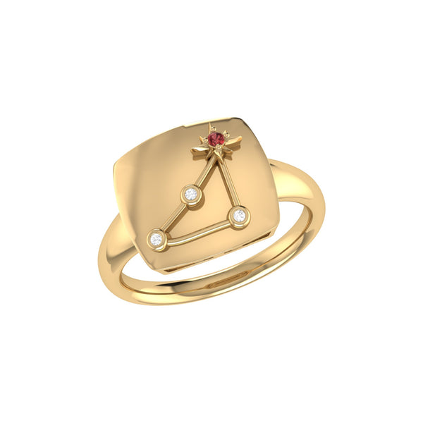 LuvMyJewelry Capricorn Goat Garnet & Diamond Constellation Signet Ring in 14K Yellow Gold