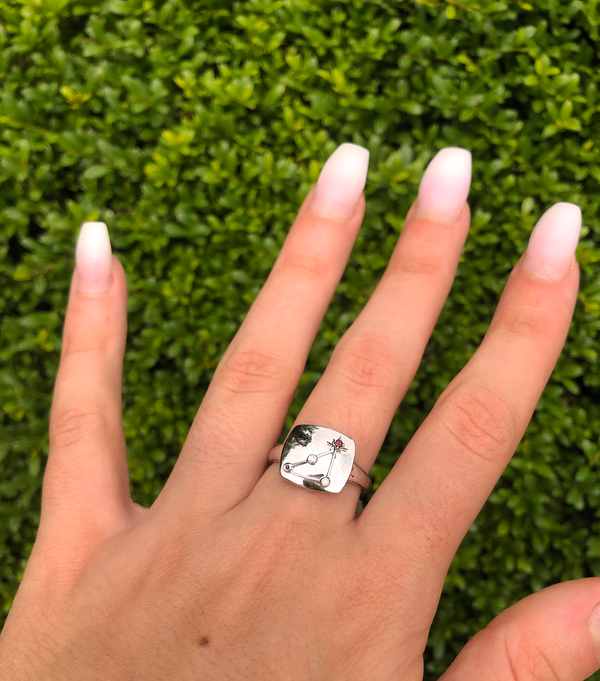 LuvMyJewelry Capricorn Goat Garnet & Diamond Constellation Signet Ring In 14K White Gold
