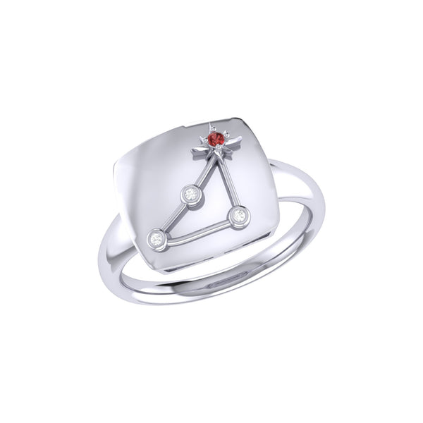 LuvMyJewelry Capricorn Goat Garnet & Diamond Constellation Signet Ring in 14K White Gold