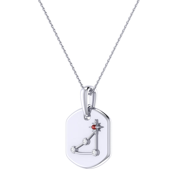 LuvMyJewelry Capricorn Goat Garnet & Diamond Constellation Tag Pendant Necklace In Sterling Silver