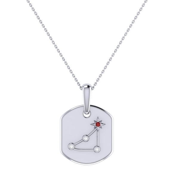 LuvMyJewelry Capricorn Goat Garnet & Diamond Constellation Tag Pendant Necklace in Sterling Silver
