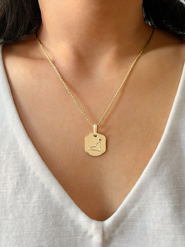 LuvMyJewelry Capricorn Goat Garnet & Diamond Constellation Tag Pendant Necklace In 14K Yellow Gold