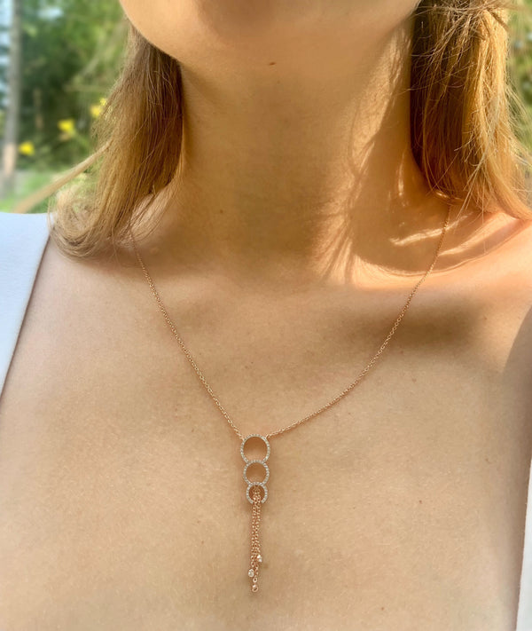 LuvMyJewelry Chandelier Circle Trio Bolo Adjustable Diamond Lariat Necklace In 14K Rose Gold Vermeil On Sterling Silver