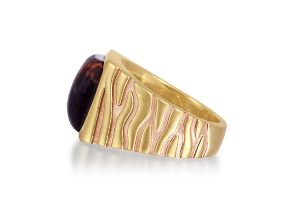 LuvMyJewelry Chatoyant Red Tiger Eye Stone Signet Ring In Brown Rhodium & 14K Yellow Gold Plated Sterling Silver