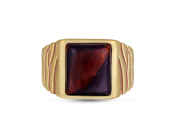 LuvMyJewelry Chatoyant Red Tiger Eye Stone Signet Ring in Brown Rhodium & 14K Yellow Gold Plated Sterling Silver