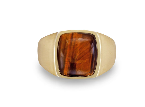 LuvMyJewelry Chatoyant Yellow Tiger Eye Signet Ring in 14K Yellow Gold Plated Sterling Silver