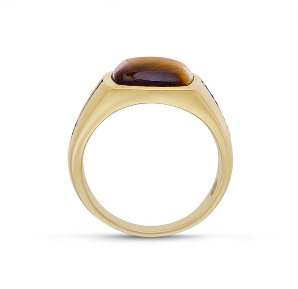 LuvMyJewelry Chatoyant Yellow Tiger Eye Stone & Champagne Diamond Signet Ring In 14K Yellow Gold Plated Sterling Silver